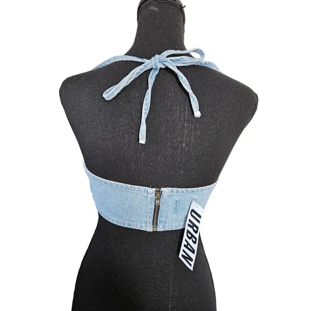 BDG Urban Outfitters XS Maggie Denim Halter Top W/ Zip Closure Light Blue - Picture 2 of 10